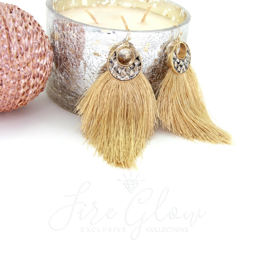 Tan Tassels With Snake Print Framed in Gold Tone - Picture 2 of 7